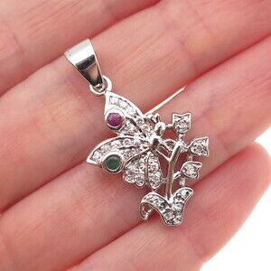 925 Sterling Silver Real Round-Cut Emerald Ruby & C Z Butterfly Charm Pendant